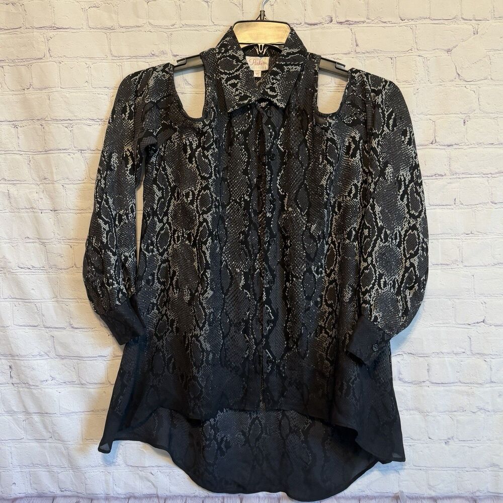 Parker Snakeskin Print Blouse XS Cold Shoulder Sheer Silk Top Snake Skin Button